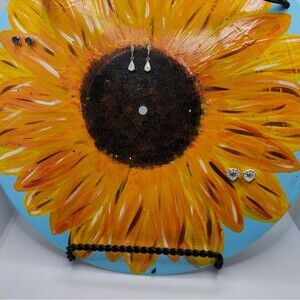 Hand Crafted Sunflower Earrings Holder Hanging Wall Art Blue, Yellow 12 Inch